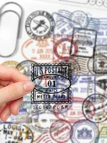 60pcs Vintage Postmark Stickers Laptop Handbook Cell Phone Case PET Material Stickers,School Supplies,Back To School - Multicolor - View 4