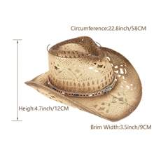 1 Hat And 2 Decorations Unisex Bead Decor Cowgirl Hat Hollow Out Summer Travel Shade Cowboy Hat Dyeing Wide Brim Printed Breathable With Beaded Trim Band Hand Woven Beach Hat Fedora Sun Hat Straw Hat - 米色 - 查看 3