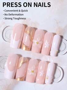 24 件长方形 3D 凝胶指甲，可制作带有珍珠图案的花朵指甲，法式尖头按压指甲，中号亚克力假指甲套装，包含 1 件果冻胶和 1 件指甲锉，易于佩戴 3D 凝胶指甲，法式尖头按压指甲艺术，适合女性女孩日常工作节日派对使用美甲用品