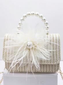 Straw Messenger Bag, Portable Faux Pearl Beaded Lace Bow Tote Bag, Ideal Gift Choice - White-beaded Bow - View 9