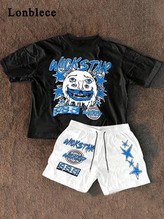 Lonblece 2 件男士印花短袖 T 恤带图案 T 恤 + 透气短裤套装，休闲装，春夏