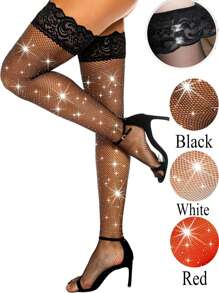 1 Pair Sexy Women's Thigh High Stockings With Rhinestone Glitter Fishnet Lace Top And Silicone Band, Y2k - Multicolor - View 1