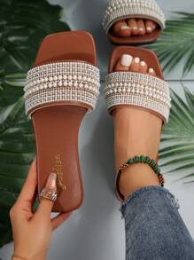 Women's One-Toe Strap Rhinestone Embellished Casual Sandals, Outdoor Plastic Flat Slippers - Brown - View 1