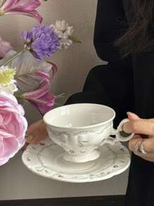 1 pièce Assiette à dessert en porcelaine florale vintage française, bord rose pâle, style antique de haute qualité, retour à l'école