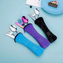 4pcs Portable Reusable Travel Cutlery Set In Box, Stainless Steel Polish Tableware Including Fork, Spoon, Knife, Dishwasher Safe, Suitable For Camping, School, Holiday - Multicolor - View 1