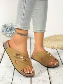 女士时尚百搭铆钉一脚蹬沙滩凉鞋 - 棕色 - 查看 4