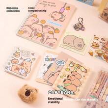Capybara 学生文具惊喜礼品套装包括（1 个手提礼品袋、4 张贴纸、50 张钞票、1 个 Kabibala 吊坠、1 个毛绒胸针、3 个笔记本、6 支圆珠笔和 1 支四色圆珠笔）。回到学校 - 彩色 - 查看 6