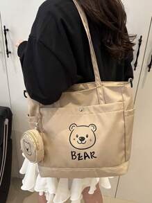 2 Pieces Bear Pattern Women's Large Capacity Tote Bag, Perfect For Business, Work, Commuting, High School, Portable, Suitable For Teen Girls And College Girls, Perfect For Office, College, Elementary School, Junior High School, Work, Stadium, Sports, Lightweight Shoulder Bag, Versatile In Spring And Summer Seasons, Suitable For Back To School And Travel - Multicolor - View 9