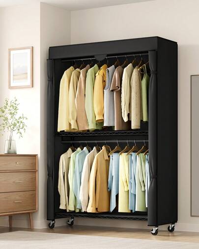 SONGMICS Heavy-Duty Rolling Clothes Rack, Garment Rack, Portable Closet, 43.3-Inch Wide Clothing Rack On Wheels, With Adjustable Mesh Shelves And Hanging Rails, Fabric Cover