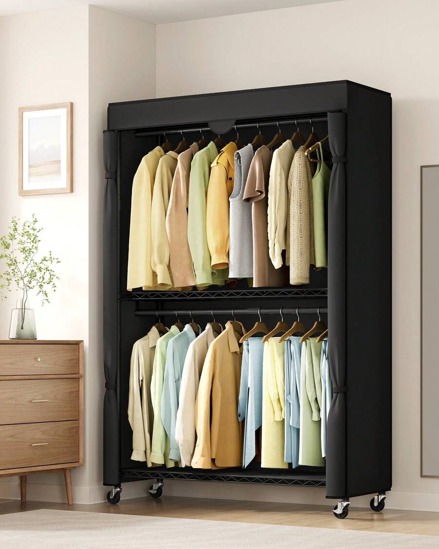 SONGMICS Heavy-Duty Rolling Clothes Rack, Garment Rack, Portable Closet, 43.3-Inch Wide Clothing Rack On Wheels, With Adjustable Mesh Shelves And Hanging Rails, Fabric Cover - màu đen - Xem 1