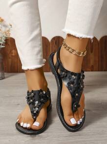 Damskie sandały z okrągłym noskiem i płaskim paskiem z metalową powłoką i brokatem, miękka podeszwa, antypoślizgowe, eleganckie, wakacyjne, codzienne sandały, odpowiednie do codziennego noszenia, randek, spotkań, imprez na plaży, festiwali muzycznych - Czarne - Zobacz 3