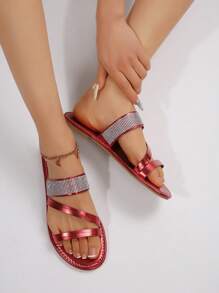 Women's Red Slide Sandals With Rhinestone Straps – Round Toe Flat Sandals, Fashionable & Minimalist Summer Slippers For Women, Comfortable Outdoor Casual Shoes