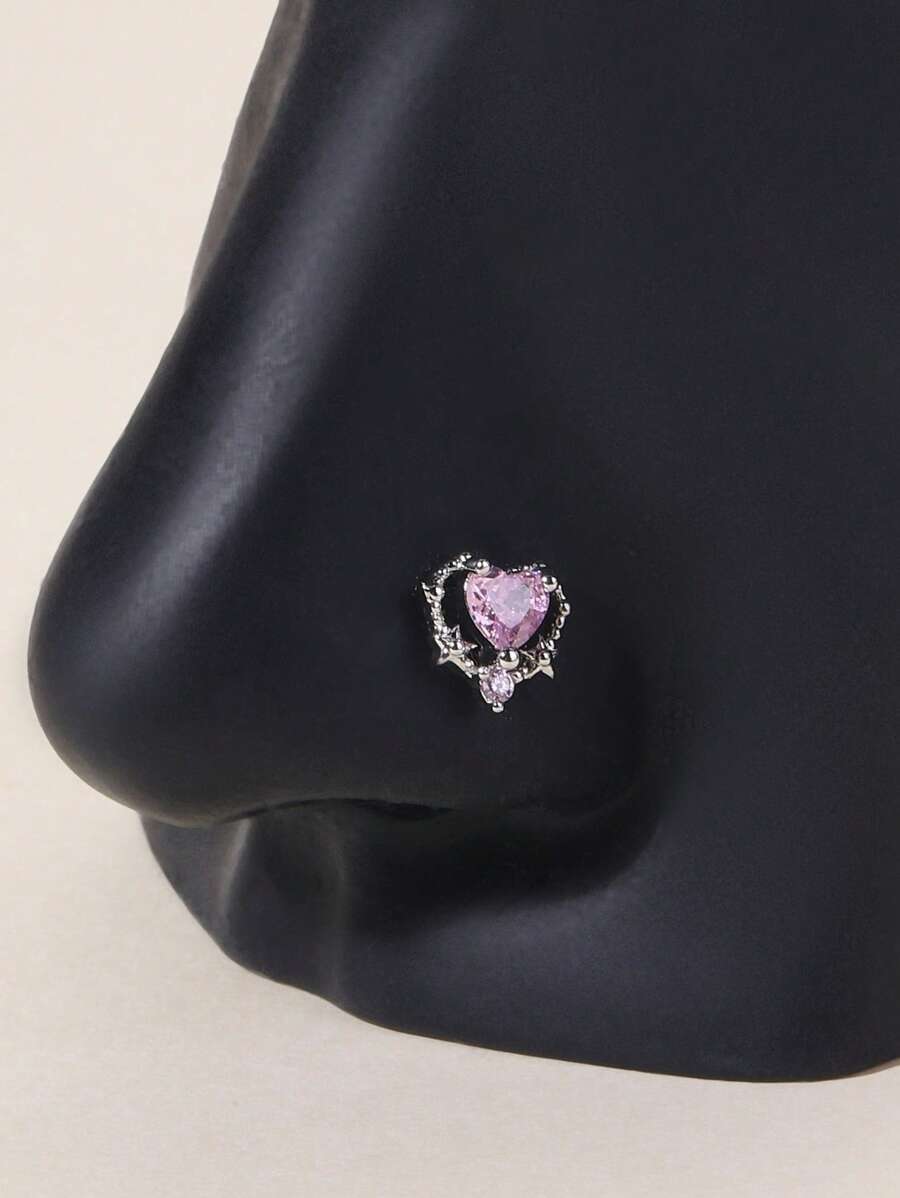 1 pièce Bijou de nez en acier inoxydable argent avec zircone rose en forme de cœur - Rose bonbon - Voir 1