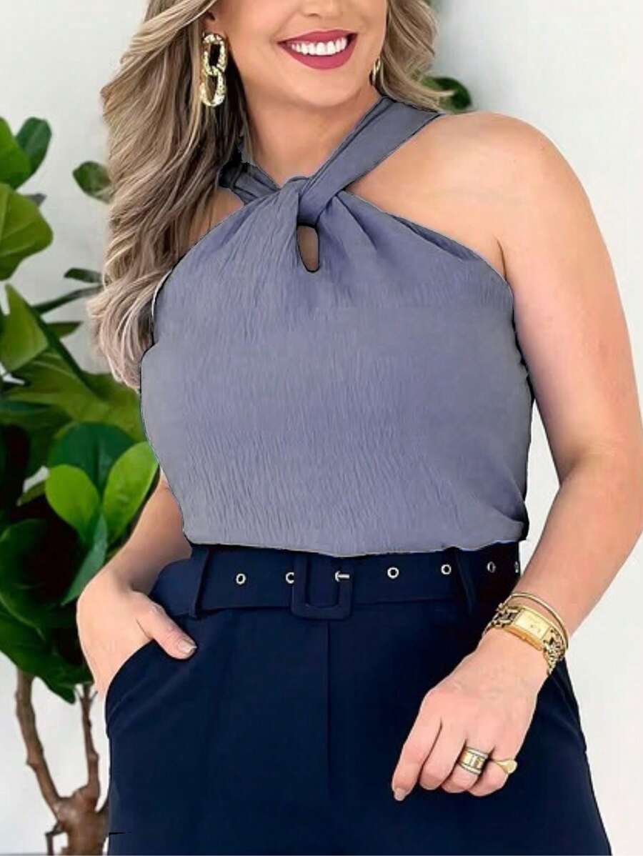 WOMEN'S TANK TOP WITH STRAP, SIMPLE KNOT NECK, CASUAL, SEXY 155 - Grey - View 1