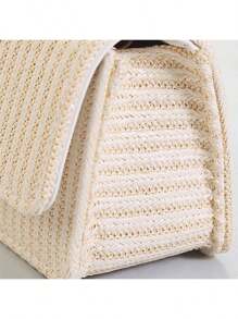 Straw Messenger Bag, Portable Faux Pearl Beaded Lace Bow Tote Bag, Ideal Gift Choice - White-beaded Bow - View 6