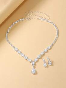 1 套奢华防过敏水晶项链和耳环套装，优雅的新娘派对配饰，女士闪亮锆石泪珠项链和耳环轻巧别致珠宝