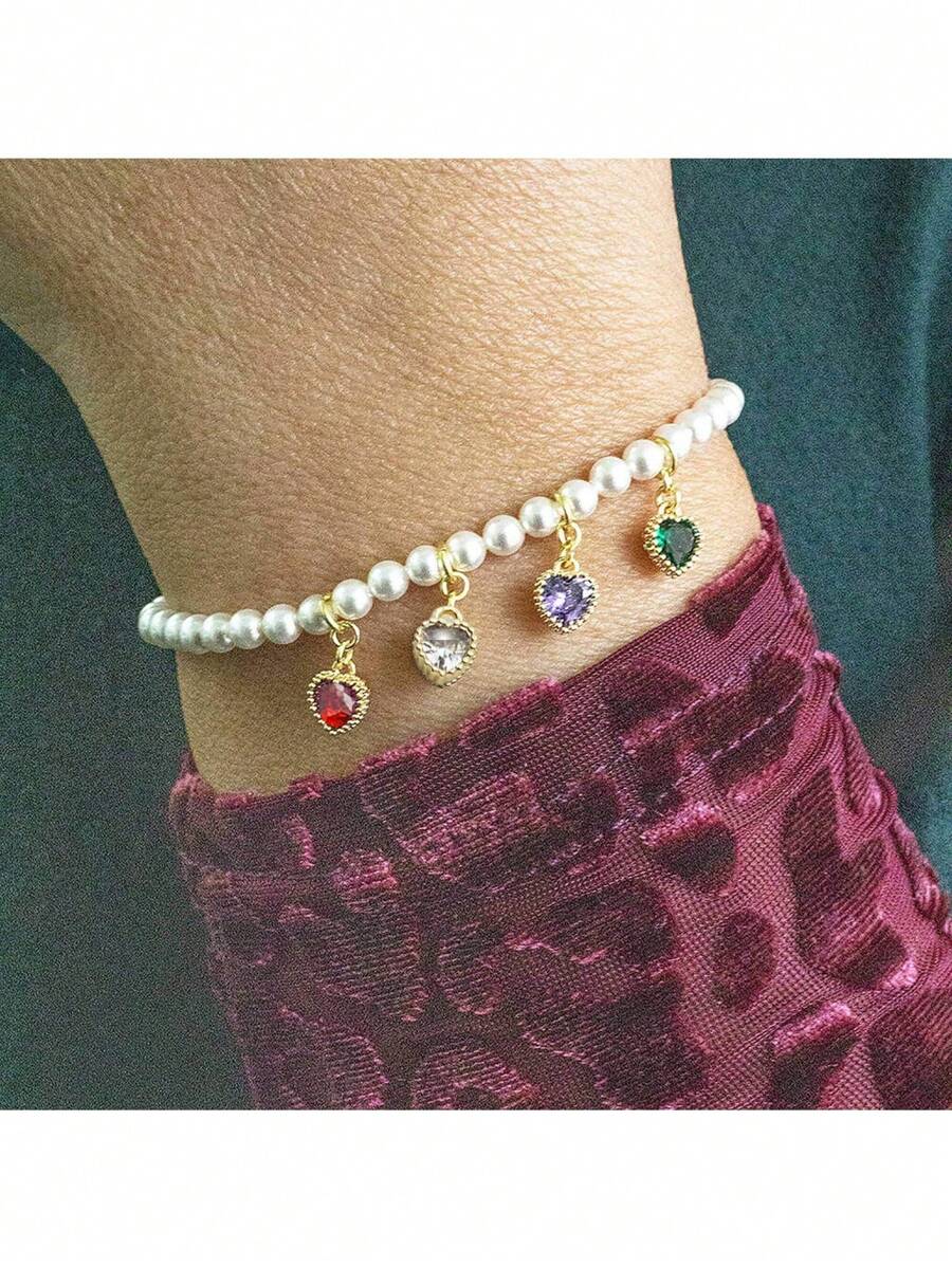 1 件珍珠手链套装精致珍珠串珠手链波西米亚风手链弹力手链伴娘派对珠宝礼物适合女士女孩 - 愛心鋯石手鍊 - 查看 1