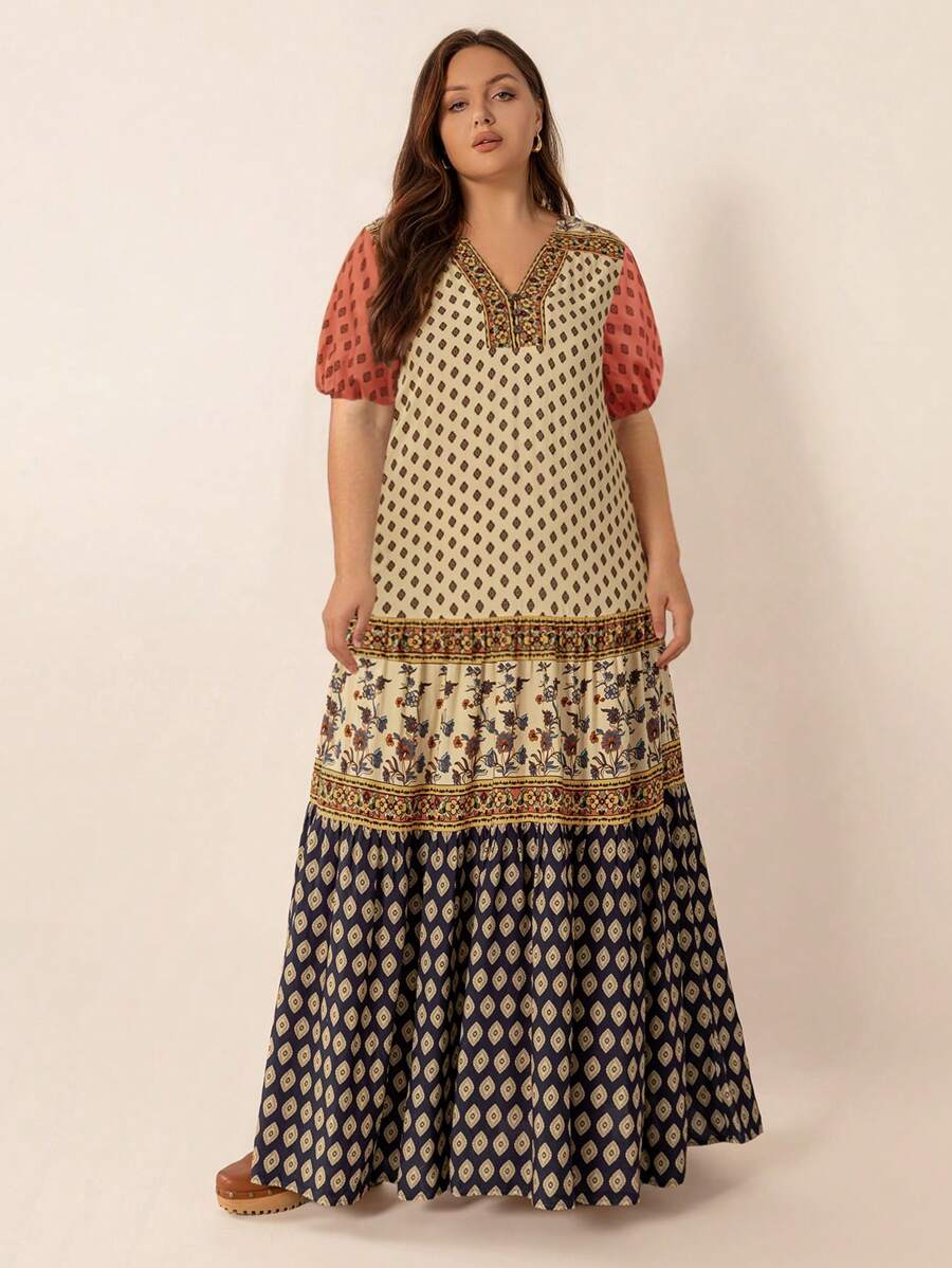 2025 Spring And Summer Multicolor Casual Elegant Floral Print V-Neck Short Sleeve Loose Plus Size Dress Beach Vacation Music Festival - Orange - View 1