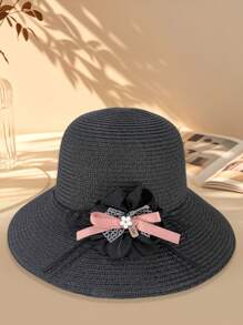 1 Piece Bohemian Straw Hat, Hand-Woven, Suitable For Mother's Day, Easter, Holiday, Photo Shoot, Black - Black - View 1