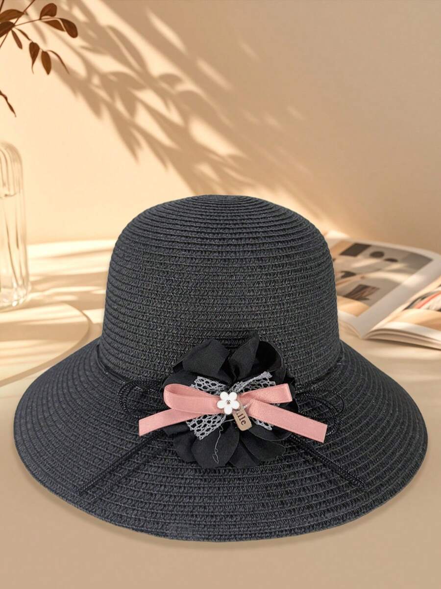 1 Piece Bohemian Straw Hat, Hand-Woven, Suitable For Mother's Day, Easter, Holiday, Photo Shoot, Black - Black - View 1