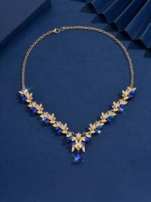 1pc Fashionable & Elegant Crystal & Rhinestone Pendant Necklace, Women Jewelry, Bridal Accessory For Party, Event, Gift - biru keemasan - View 2