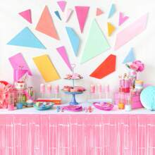1 Pack Pink Foil Fringe Table Skirt, Pastel Color Pink/ White/ Yellow/ Green Metallic Tinsel Streamers Garland Banner Backdrop For Parade Float, Birthday, Thanksgiving, Christmas, Babyshower Party Table Decorations