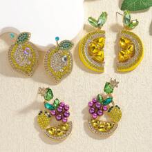 6 peças Brincos de frutas em liga de óleo de limão com strass, adequados para mulheres no dia a dia e nas férias de verão - Multicolorido - Ver 3