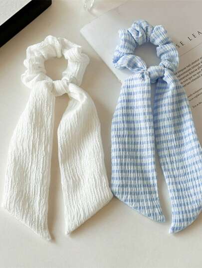 Nouvelle série bleu clair Nœuds papillon Banderoles Chouchous, Porte-queue de cheval pour femmes, Liens de cheveux en tricot à motif à carreaux en polyester décontracté