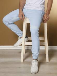 Men's Jogger Pants Twill With Elastic Waist Cuffs - 淺藍色 - 查看 8