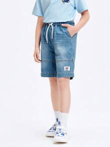Balabala 男童棉質牛仔短褲，休閒中長褲 - 牛仔中藍 - 查看 2