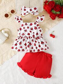 Conjunto de 3 peças de vestido de joaninha fofo com manga curta e babados, top e shorts de tecido misto de cor sólida com faixa na cabeça, roupa casual - Vermelho - Ver 3