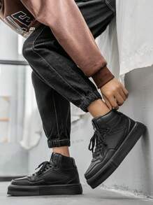 Men's Classic Black Letter Splice Lace-Up Round Toe Casual Sneakers, Streetwear High-Top Comfortable Skateboarding Shoes For Youths - Black - View 9