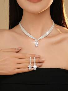 3 Elegant Silver Jewelry, Jewelry Set, Pendant Necklace+Earrings, Suitable For Ladies' Summer Party Dresses. - Water Drop Pendant - View 6