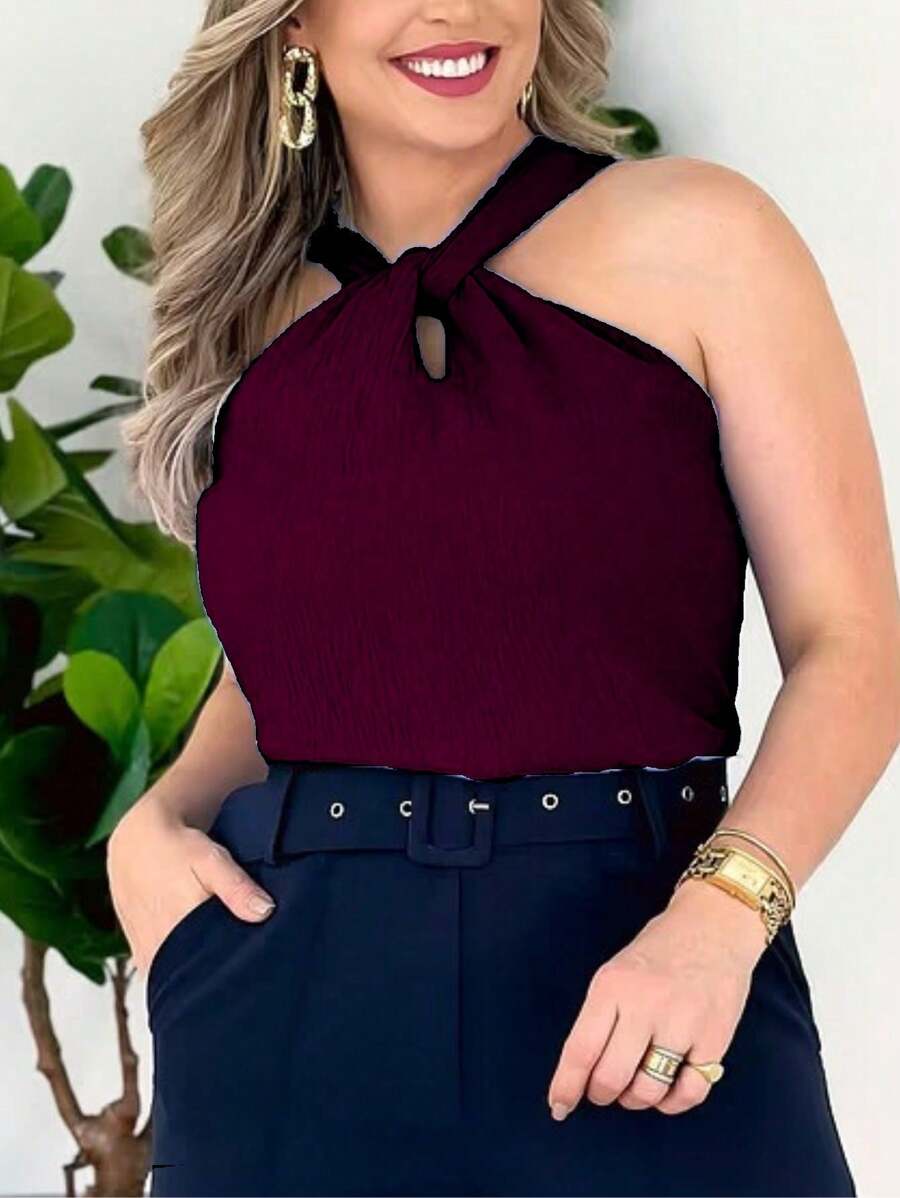 WOMEN'S TANK TOP WITH STRAP, SIMPLE KNOT NECK, CASUAL, SEXY 155 - Burgundy - View 1