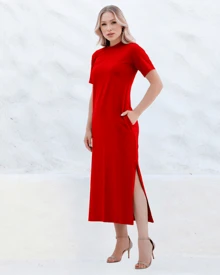 Cotton Midi Dress With SleevesSimpleCasualElegantKnitSplitPocketSide SlitStreetHome - Đỏ - Xem 1
