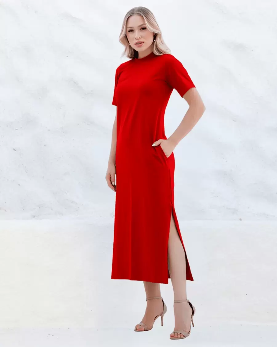 Cotton Midi Dress With SleevesSimpleCasualElegantKnitSplitPocketSide SlitStreetHome - Đỏ - Xem 1