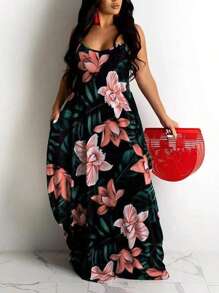 Plus Size Summer Vacation Floral & Plant Print Maxi Slip Dress Elegant Party - Multicolor - View 5