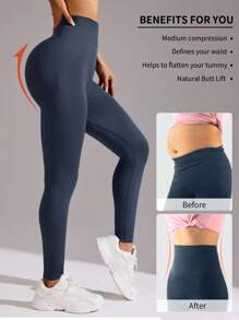 Seamless High-Elasticity Women's Solid Color Sports Leggings,Women Tuck In The Abdomen Leggings,Lift The Buttocks And Slim The Legs Leggings,Soft Touch Quick Dry Breathable Four-Way Stretch Hip Lift Leggings For Women,Multi-Color Options (Black/Brown/Blue/Green) - Màu xanh lam - Xem 2