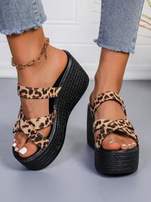 Women's Leopard Print Cross Strap Wedge Sandals, 2025 New Summer Open Toe Non-Slip Platform Sandals