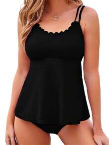 Women 2 Pieces Tankini Swimsuits Solid Color Padded Sleeveless Tank Tops And Swim Bottoms Beach Bikini Set - 黑色 - 查看 1