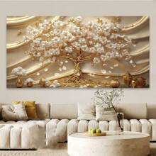 1 peça pôster botânico abstrato de flor branca, árvore dourada rica, quadros de parede modernos, pintura em tela, presente ideal para decoração de casa, decoração de quarto, itens de decoração de quarto, sem moldura, 50x100cm/19,68x39,37 polegadas