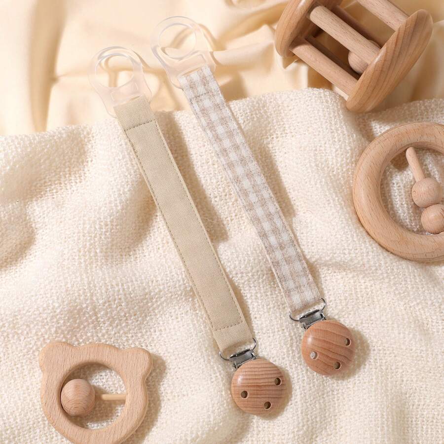 2 件/包带松紧带的奶嘴夹 | 婴儿奶嘴链夹 | 通用奶嘴夹，带山毛榉木扣，适用于婴儿出牙玩具牙胶 | 男孩女孩的理想婴儿礼物 - 彩色 - 查看 1