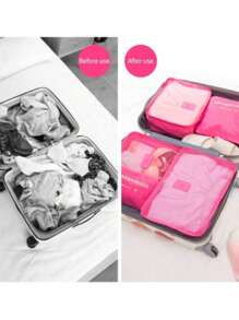 6pcs Waterproof Luggage Packing Cubes Set, Colorful Floral/Letter Print Oxford Cloth Travel Storage Bags, Portable Zipper Suitcase Organizers For College Dorm, Minimalist Style (Print Patterns Randomly) - Hot Pink - View 3