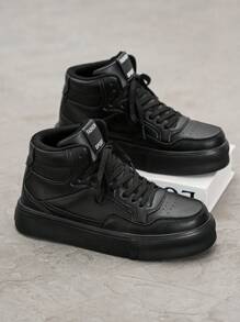 Men's Classic Black Letter Splice Lace-Up Round Toe Casual Sneakers, Streetwear High-Top Comfortable Skateboarding Shoes For Youths - Black - View 2