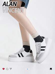 Alan Vincent [Thick Sole Heightening Series]White And Black Shoes For Women 2025 Spring New Thick-Soled Sports Shoes Fashionable Height Increasing Shoes Casual Sneakers Women Outdoor Party Shoes Ladies Shoes Cortez Student Girls Shoes Everyday All-Match And Comfortable Pair With Various Pants And Jeans