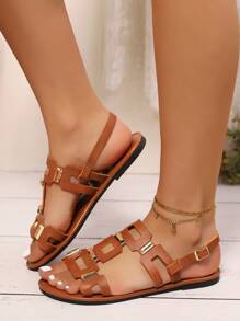 Sandálias planas da moda feminina com decoração de fivela quadrada, sandálias de praia femininas de verão