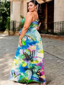 Women's Elegant Off-The-Shoulder Asymmetrical Sleeves Leg Slit Dress With Belt - 紫色 - 查看 2