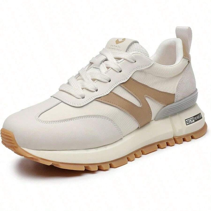 Somiliss Sneakers For Women Genuine Leather Suede Patchwork Casual Lace Up Non-Slip Walking Shoes Comfortable Tennis Running Shoes Womens Fashion Sneakers - 米色 - 查看 1