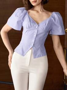 Amyenjoylife 女式条纹V领纽扣衬衫 - 藍色條紋 - 查看 4