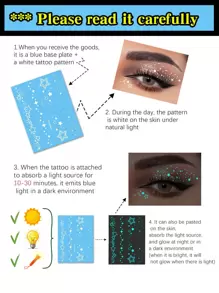 1张蓝色夜光和白色墨水夜光原创人体彩绘临时纹身贴纸，闪亮星星和雪花眼睛图案，闪亮脸部和额头防水假纹身，可持续2-5天，遮盖疤痕，适用于手臂、手腕、肩膀、腿部、腰部、颈部、手部、胸部、大腿、手指，派对和生日惊喜礼物 - 藍色 - 查看 4